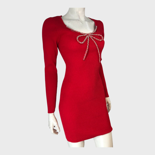 RIVER ISLAND Red Ribbed Knit Mini Dress Women's Long Sleeve Beaded Bow size 12