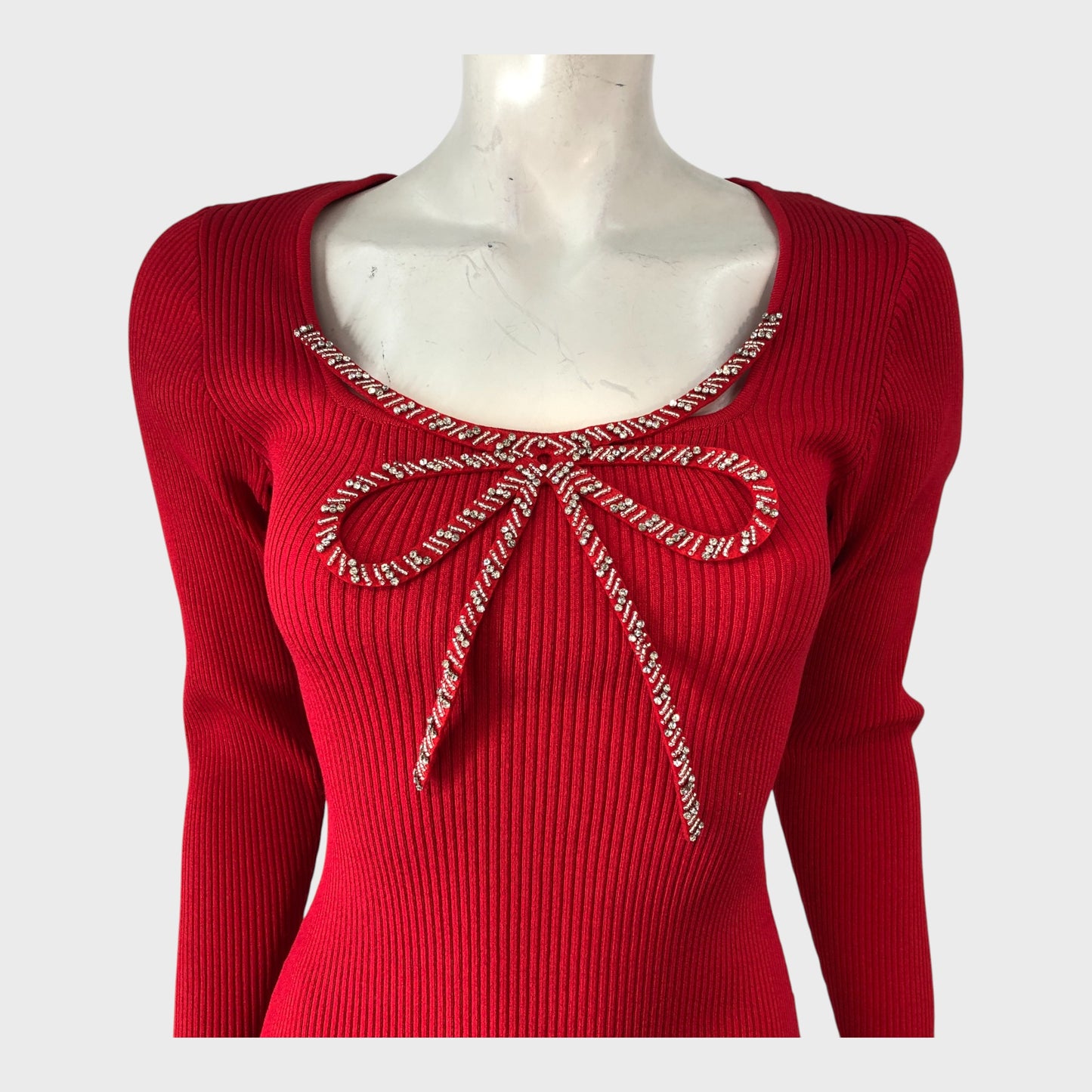 RIVER ISLAND Red Ribbed Knit Mini Dress Women's Long Sleeve Beaded Bow size 12