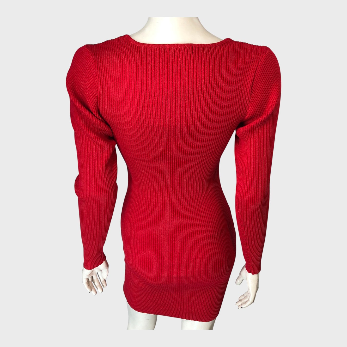 RIVER ISLAND Red Ribbed Knit Mini Dress Women's Long Sleeve Beaded Bow size 12