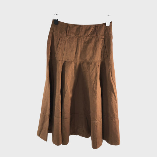 Branded Brown Linen Midi Skirt - Size 14