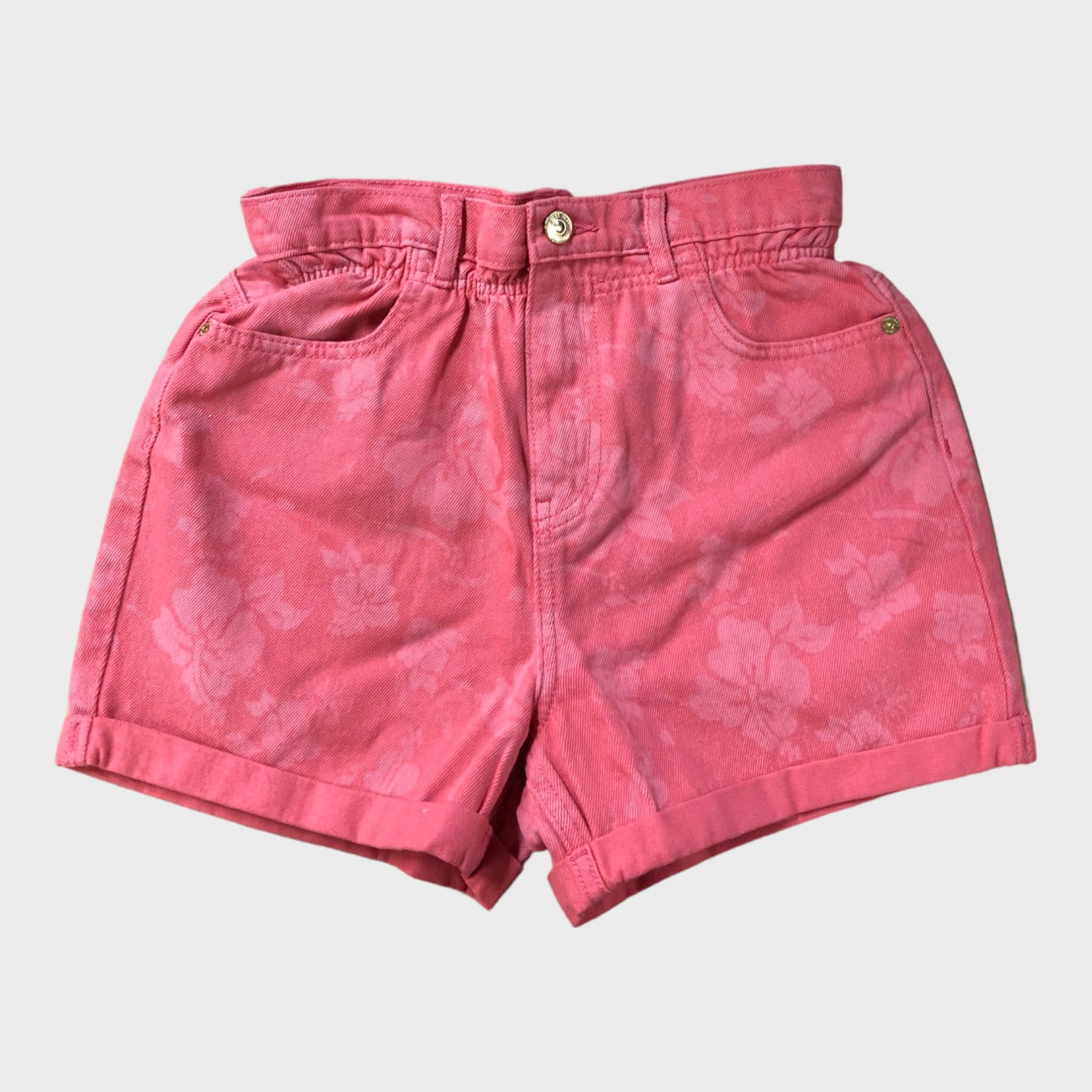 Pink Hibiscus Print Denim Shorts