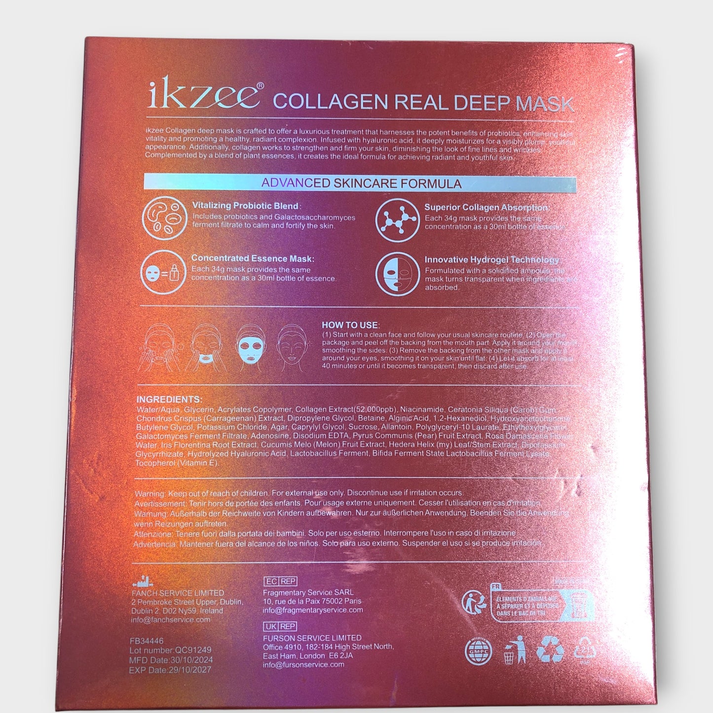 IKZEE Collagen Deep Hydration Face Mask Hyaluronic Acid 34g 4pack