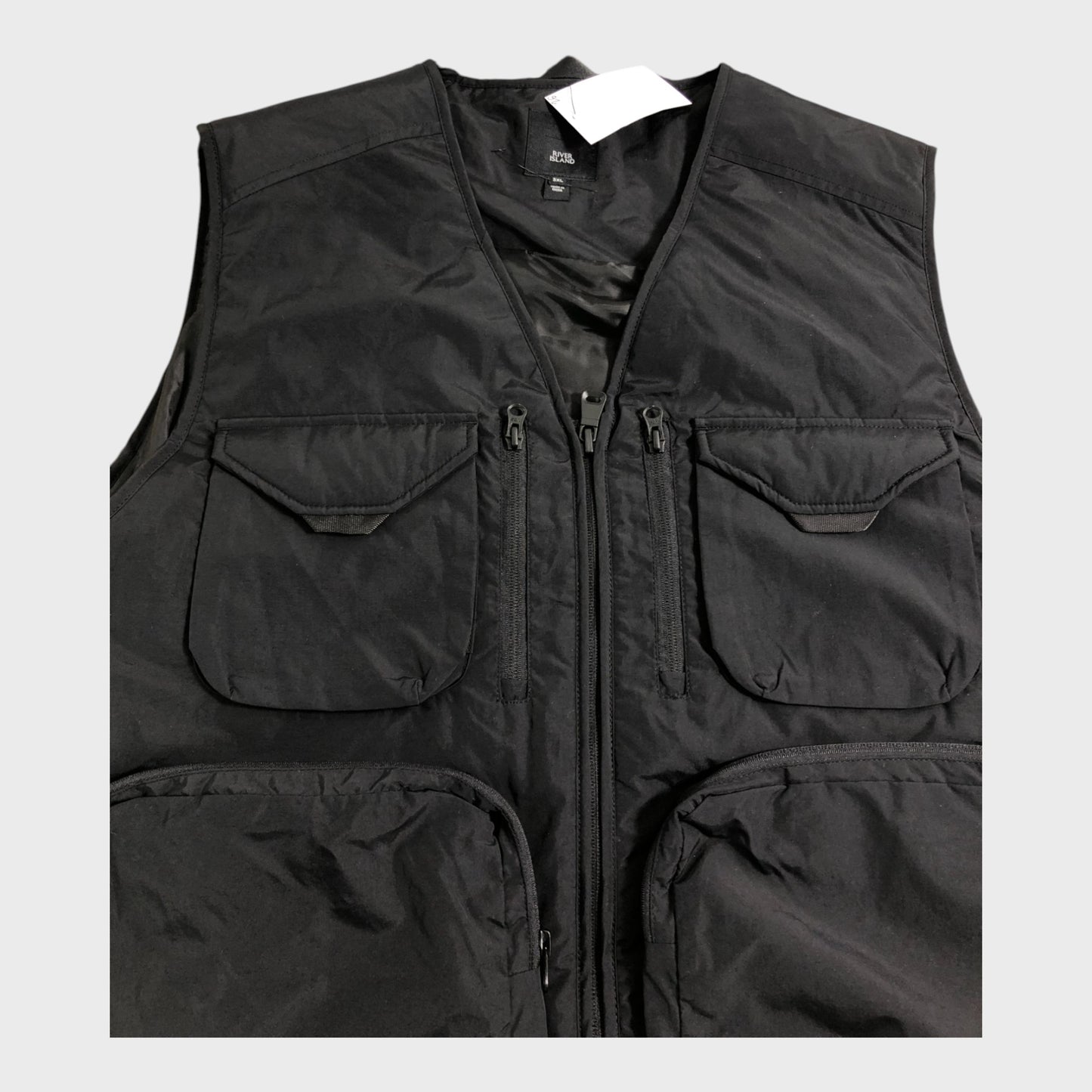 River Island BLACK Utility Vest Men's Sleeveless Jacket Multiple Pockets Casual Lightweight