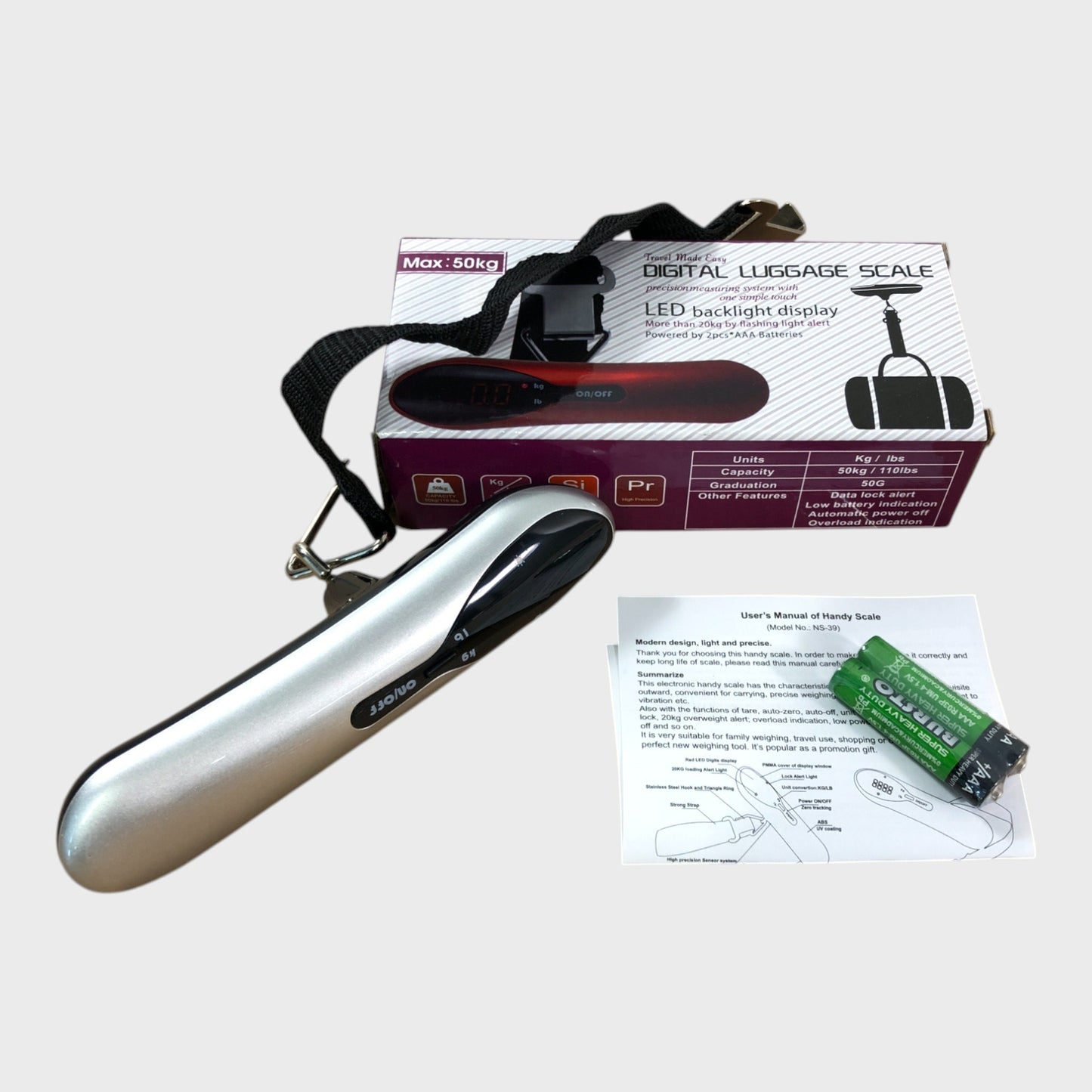 Digital Luggage Scale LED Display Portable Travel Weighing Hook 110lb Sliver