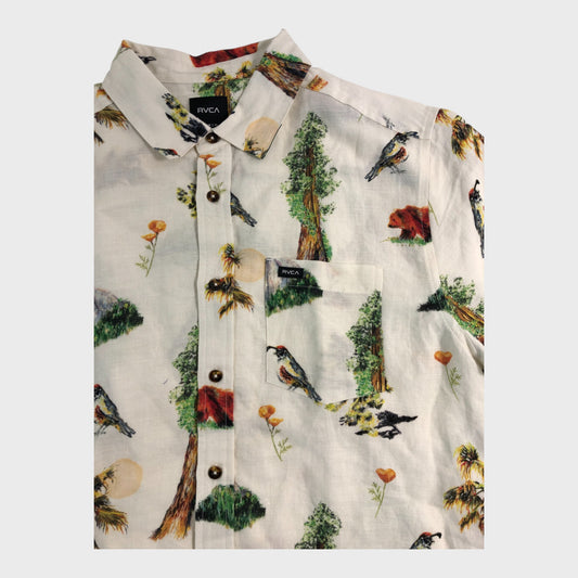 RVCA Printed Linen Short Sleeve Shirt - Size Medium