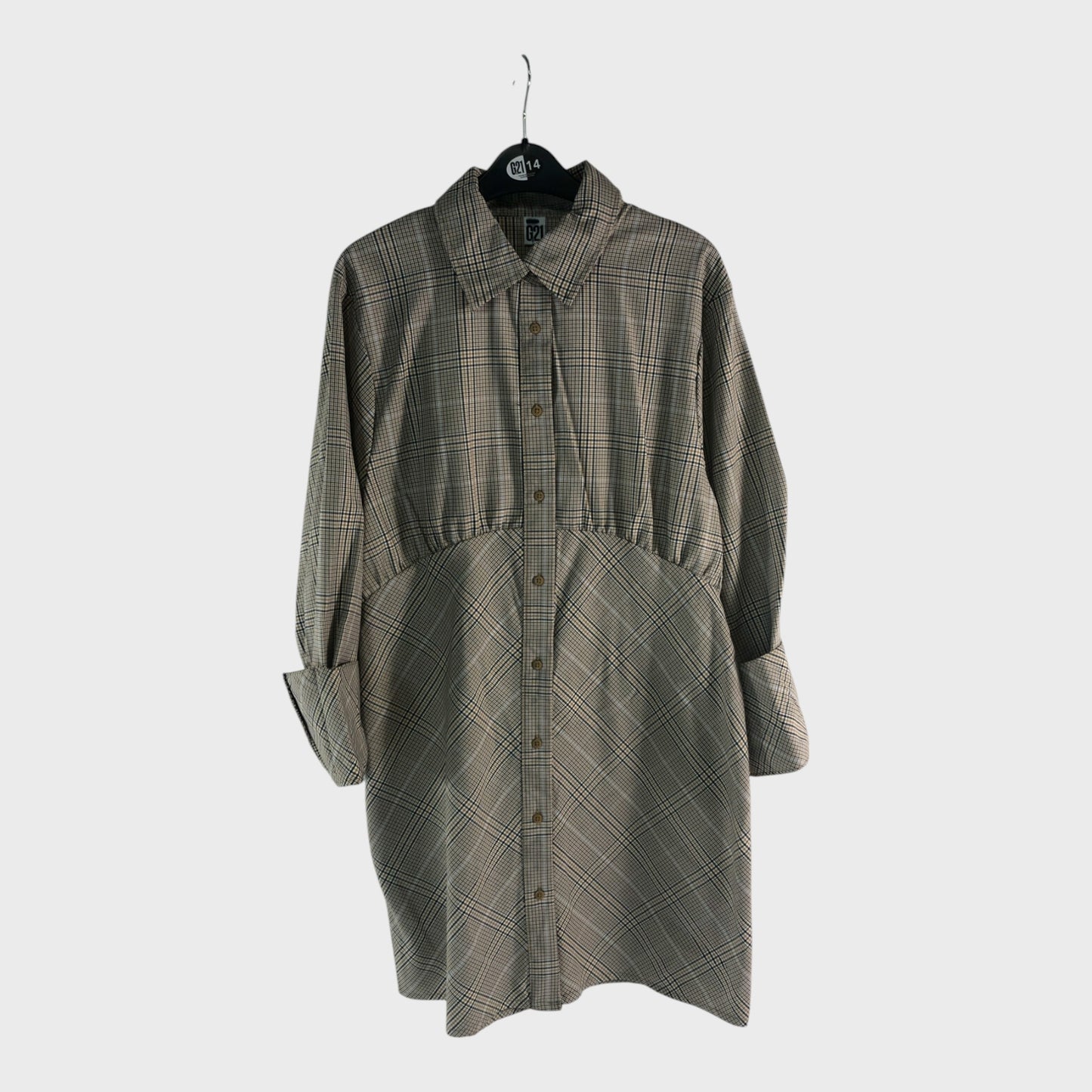 Women’s Check Shirt Dress Long Sleeve Collar Beige