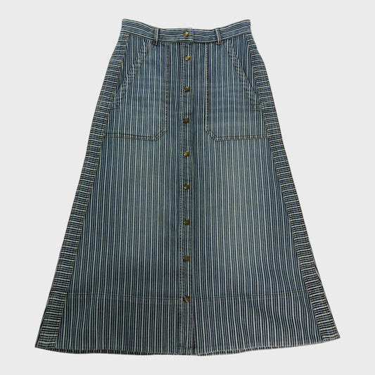 Branded Denim Striped Midi Skirt - Size 8