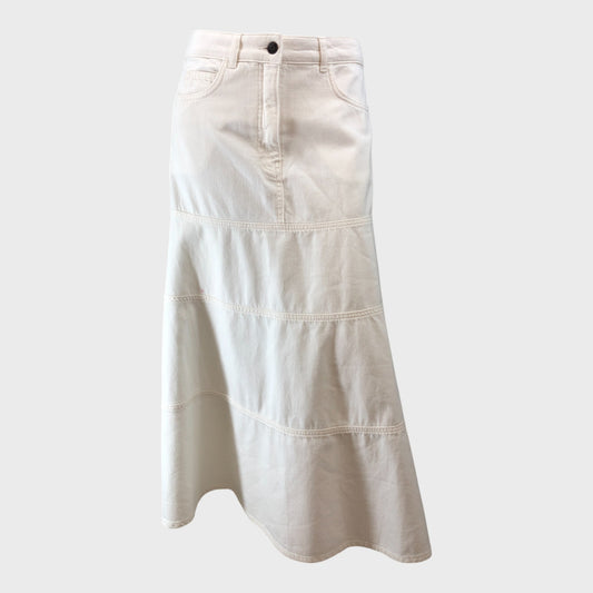 Branded White Denim Midi Skirt - Size 8