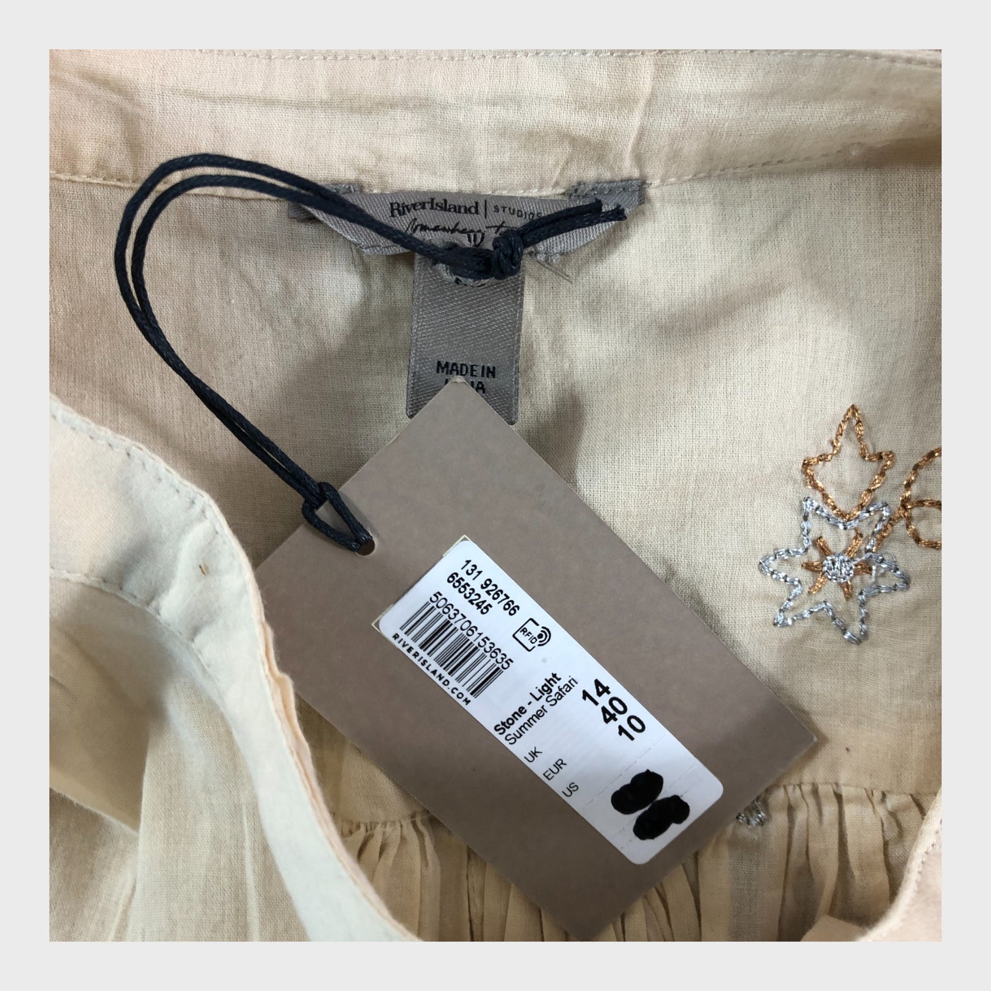 RIVER ISLAND Stone Long Sleeve Embroidered Blouse UK 14