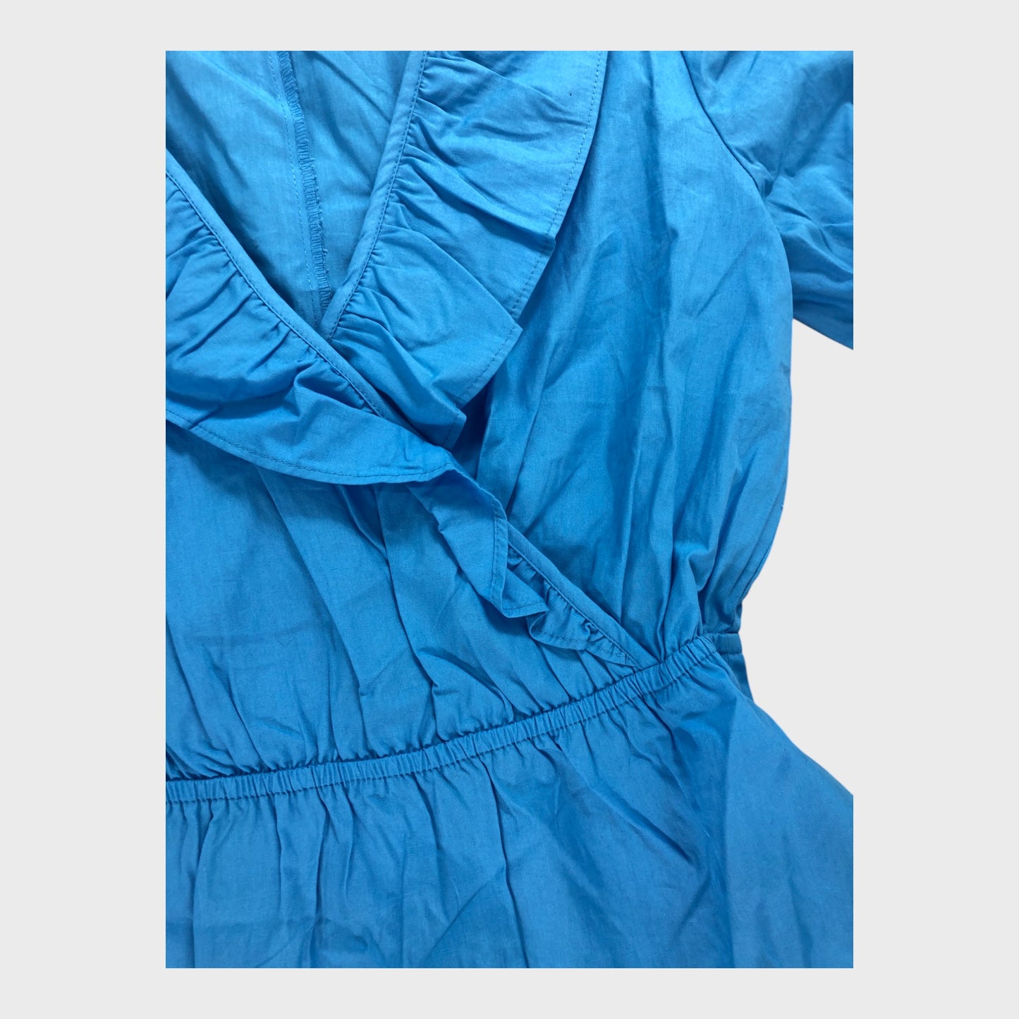 RIVER ISLAND Blue Puff Sleeve Wrap Dress Women Knee Length Cotton Blend