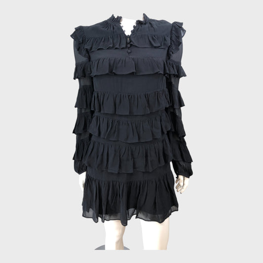 Branded Black Ruffled Tiered Mini Dress - Size 8