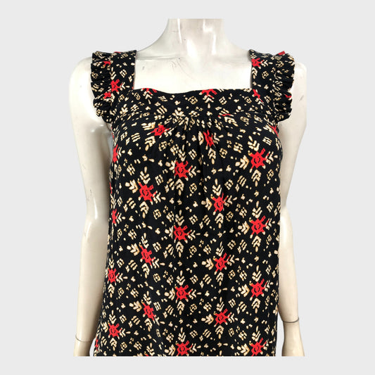 Branded Black Printed Midi Dress - Size 8