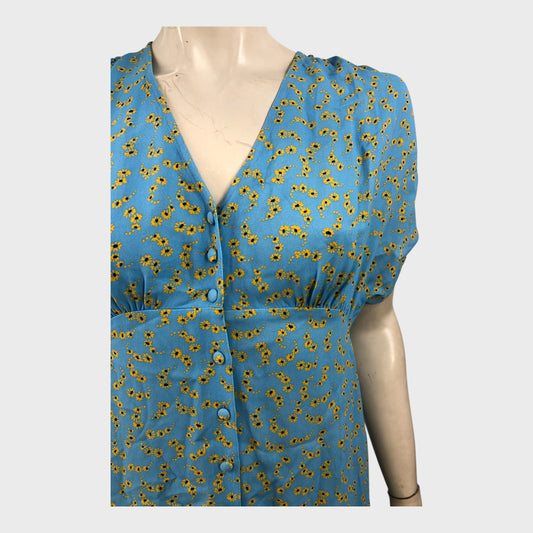Branded Blue Floral Midi Dress - Size 8