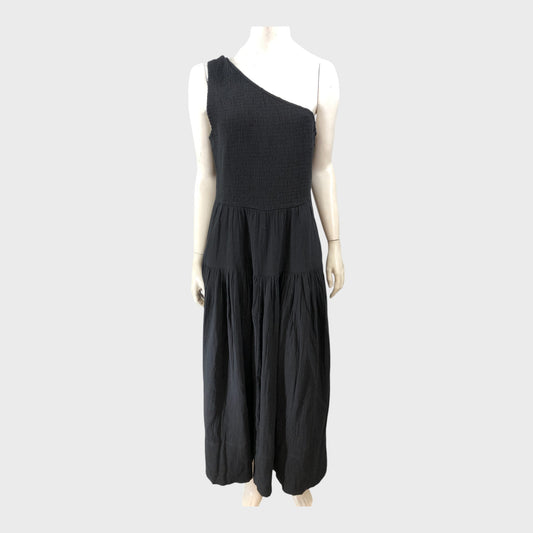 Branded Black Shirred One Shoulder Dress - Size 16