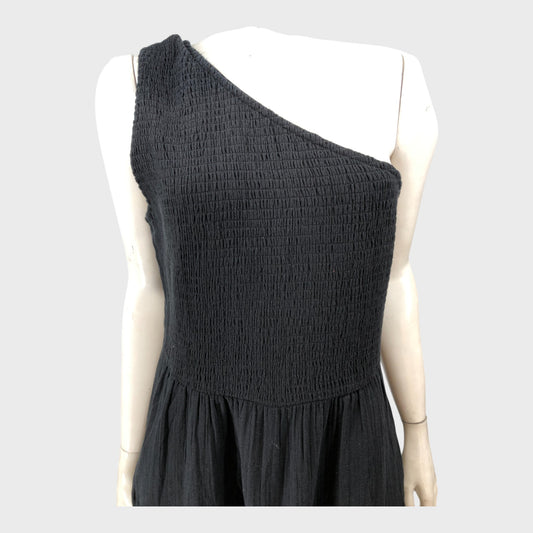 Branded Black Shirred One Shoulder Dress - Size 16