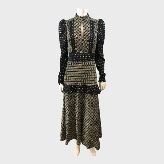 Branded Black Patterned Maxi Dress - Size 8