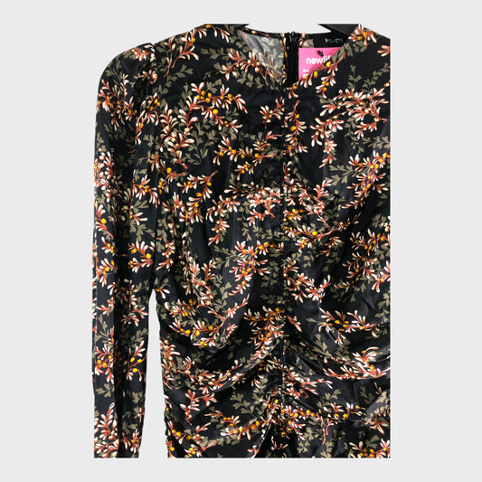 Branded Black Floral Ruched Maxi Dress - Size 8