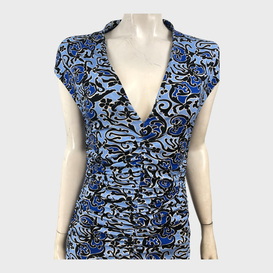 Branded Blue Patterned Midi Dress - Size 8