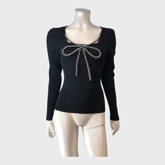River Island Black Ribbed Embellished Bow Top - Size 12