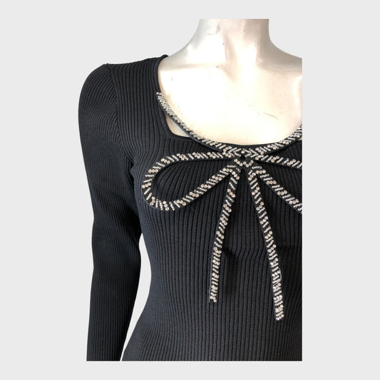 River Island Black Ribbed Embellished Bow Top - Size 12