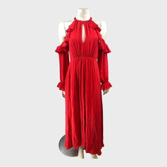 Branded Red Exposed Shoulder Dress - Size 8