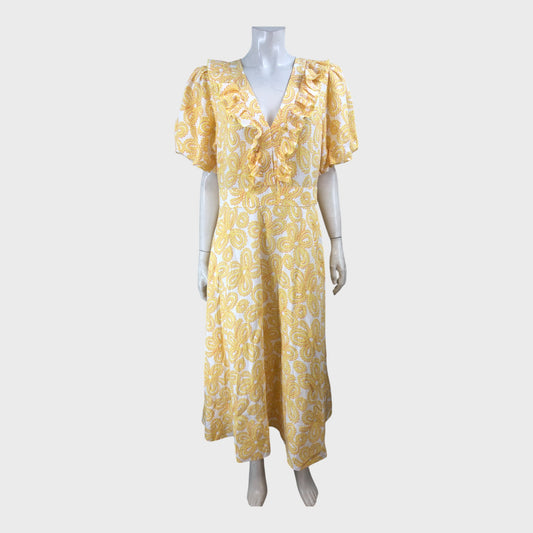 Branded Yellow Printed Midi Dress - Size 16