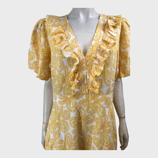 Branded Yellow Printed Midi Dress - Size 16