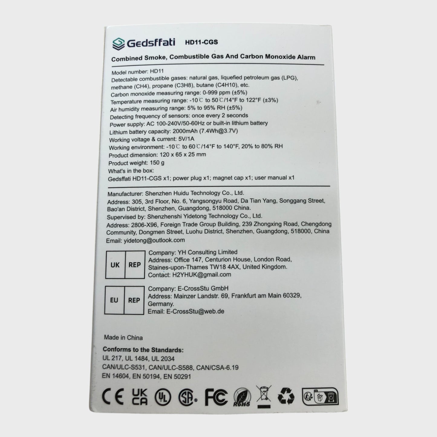 GEDSFFATI HD11-CGS Smoke Combustible Gas CO Alarm with LCD Display