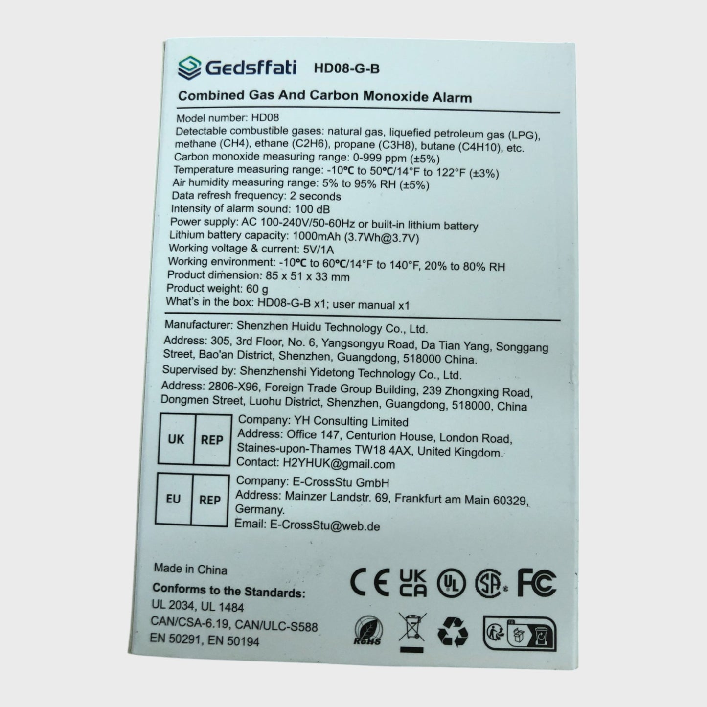 GEDSFFATI HD08-G-B Smoke & Gas Detector CO Monitor 1000mAh Lithium Battery