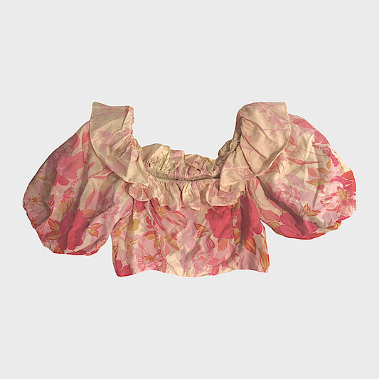 Pink Floral Ruffle Bardot Crop Top