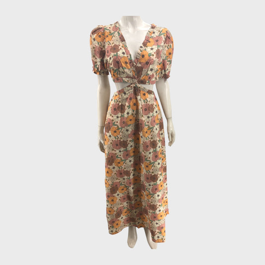 Orange Floral Cut Out Midi Dress