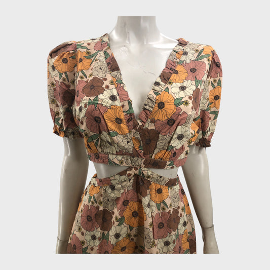 Orange Floral Cut Out Midi Dress