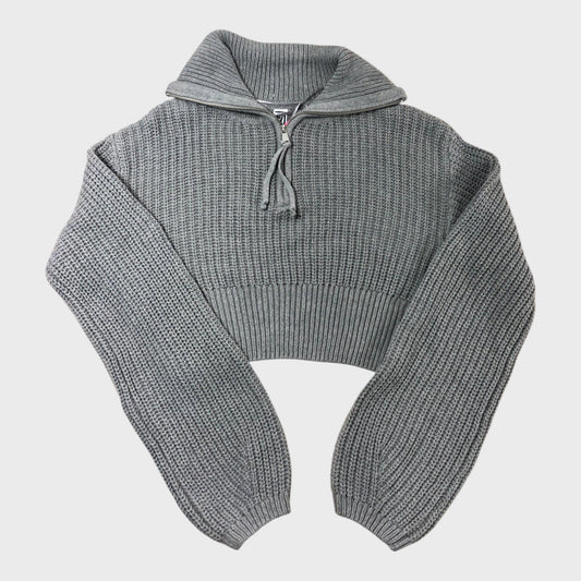 Women's Grey Quarter Zip Cropped Pullover Jumper Knit Flared Long Sleeve