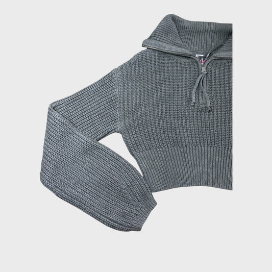 Women's Grey Quarter Zip Cropped Pullover Jumper Knit Flared Long Sleeve
