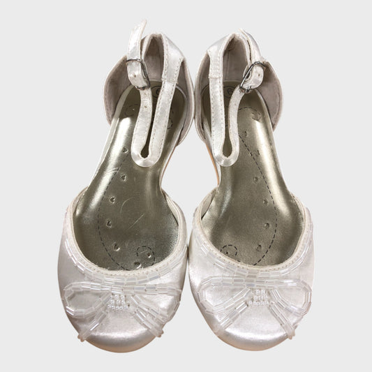 Girl's White Beaded Satin Bow Shoes Wedding Flat Sandals