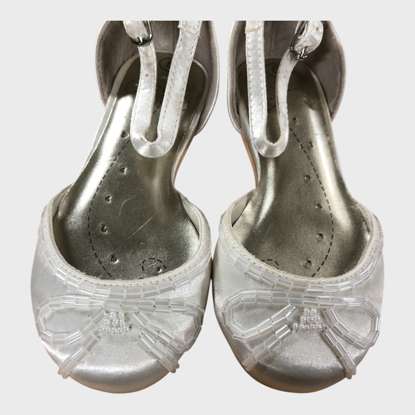 Girl's White Beaded Satin Bow Shoes Wedding Flat Sandals