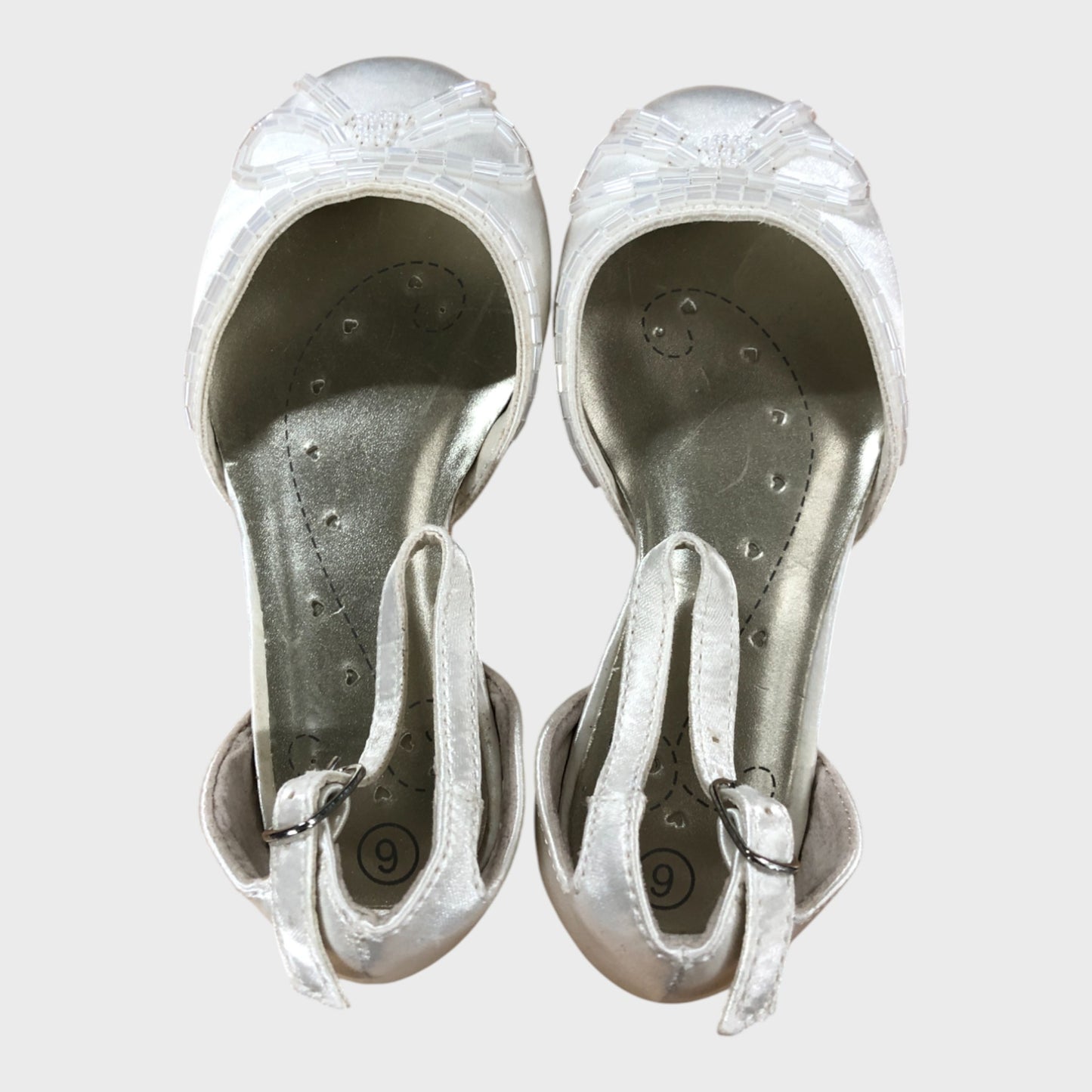 Girl's White Beaded Satin Bow Shoes Wedding Flat Sandals