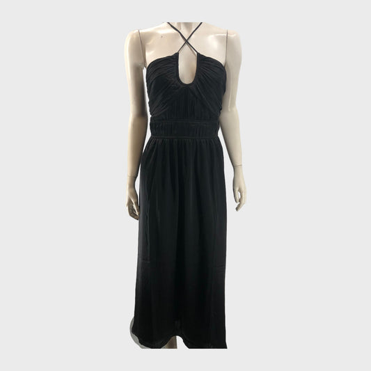 Black Branded Ruched Bust Satin Maxi Dress