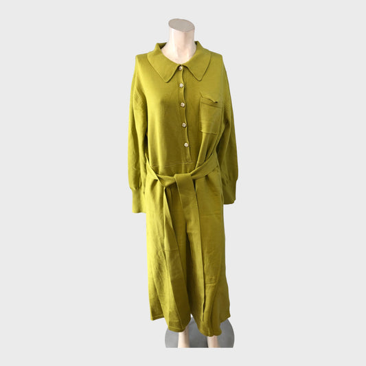 River Island Green Button Down Dress Women's Belted Midi Long Sleeve