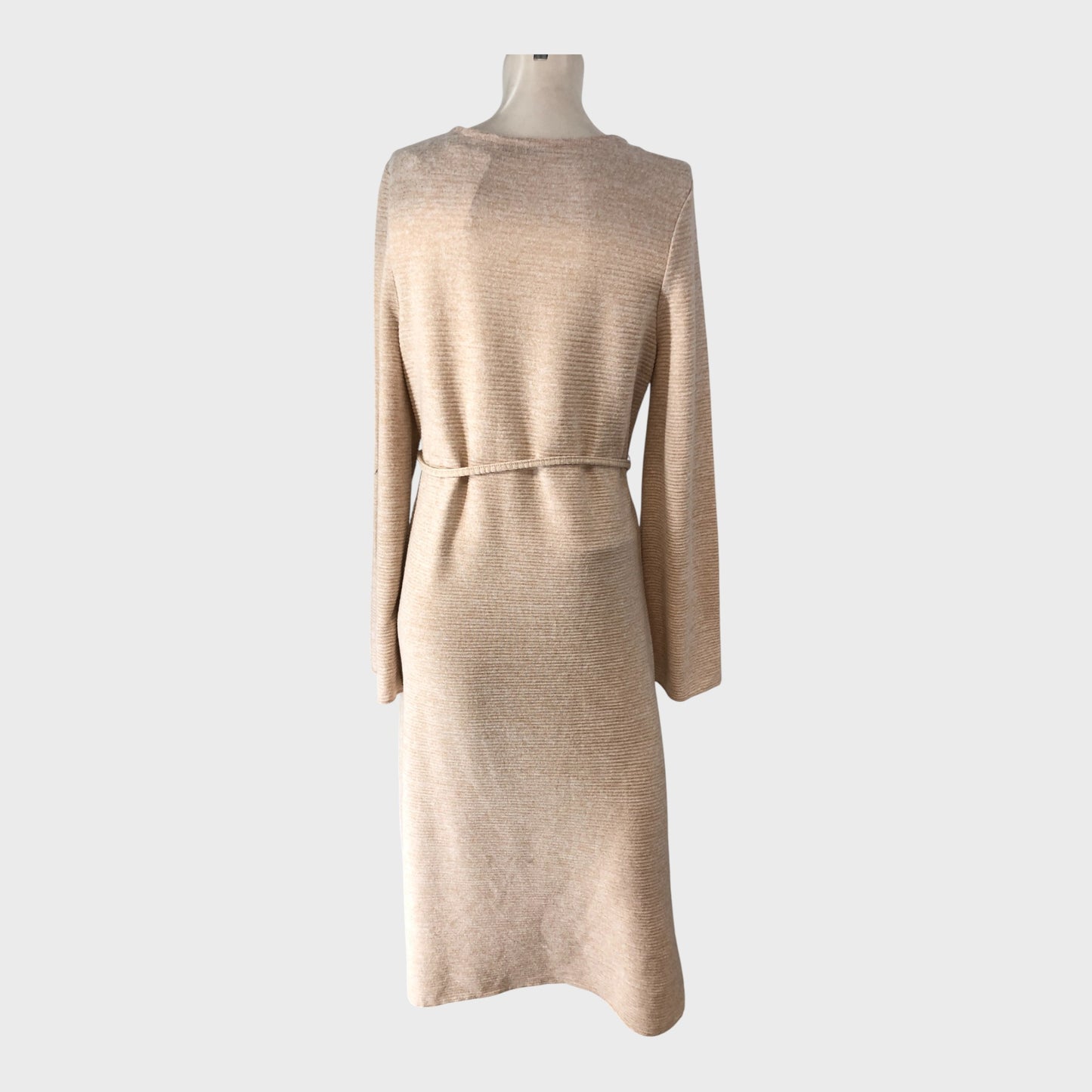 Branded Beige Belted Midi Dress Women's Long Sleeve Round Neck