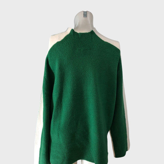Branded Women's Jumper High Neck Green White Long Sleeve Pullover