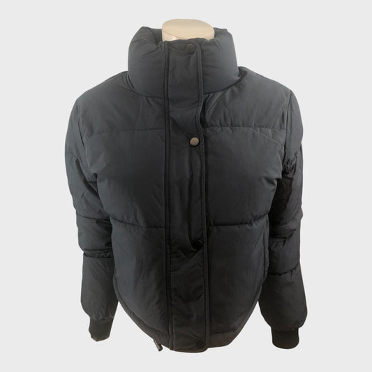 Women's Black Puffer Jacket Mid-Length Zip Closure Quilted Warm Coat