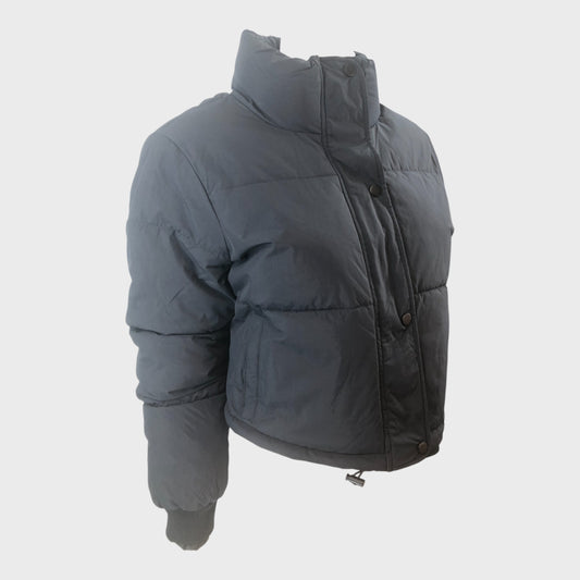 Women's Black Puffer Jacket Mid-Length Zip Closure Quilted Warm Coat