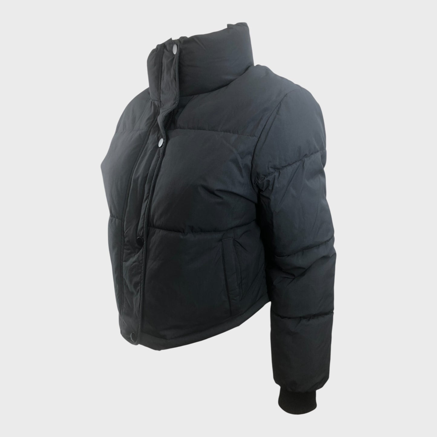 Women's Black Puffer Jacket Mid-Length Zip Closure Quilted Warm Coat