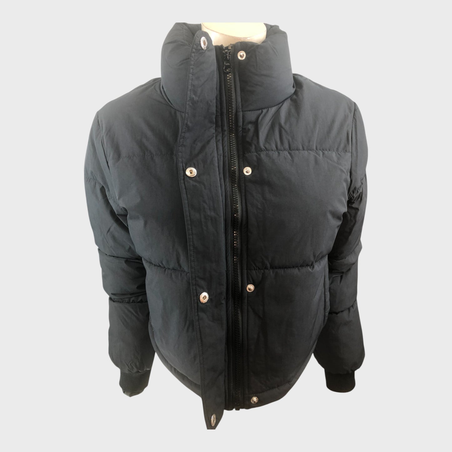 Women's Black Puffer Jacket Mid-Length Zip Closure Quilted Warm Coat