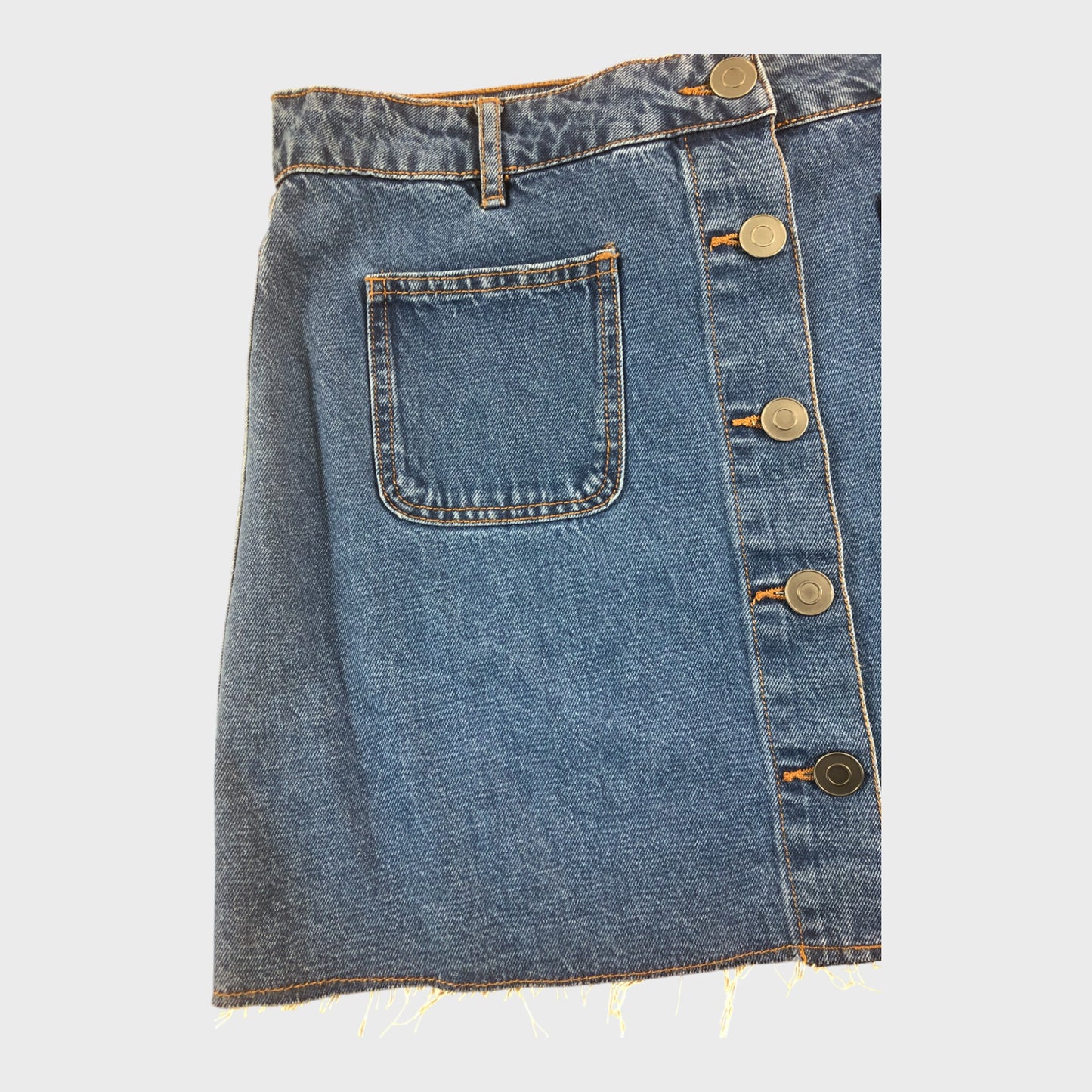 DENIM Button Front Skirt Women's Pockets Blue Jean Frayed Hem