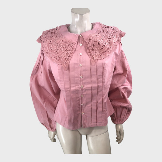 Vintage Pink Lace Collar Shirt Women's Victorian Style Long Sleeve Blouse