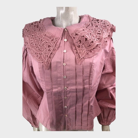 Vintage Pink Lace Collar Shirt Women's Victorian Style Long Sleeve Blouse