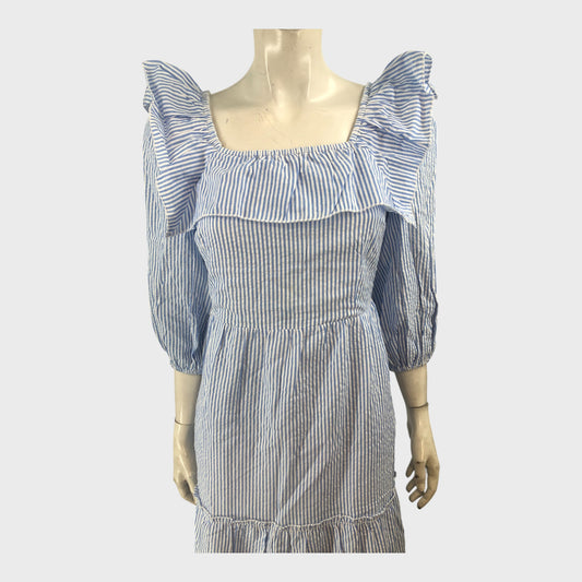 Branded Midi Dress Women's Striped Puff Sleeve Cotton Blend Ruffled Blue