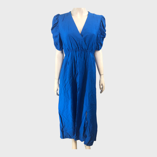 BLUE V-Neck Midi Dress Women's Puff Sleeve Elegant Casual